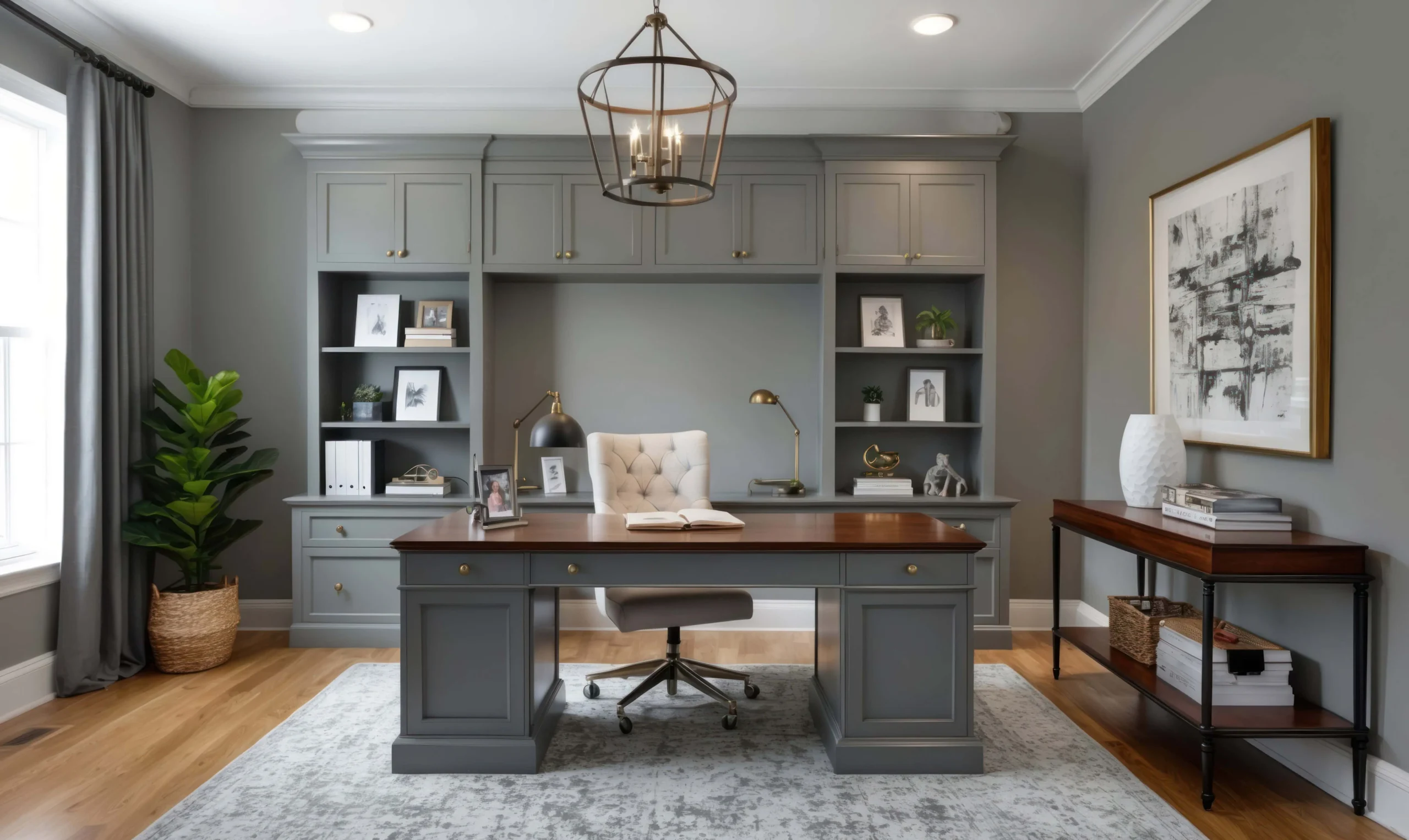 Custom-painted built-in shelves adding character to a modern living space.